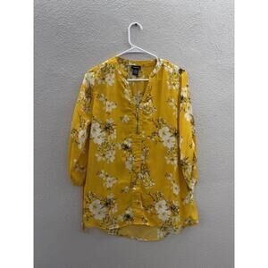 Rue 21 Womens Juniors Blouse Size Medium Yellow Floral 3/4 Sleeve 1/4 Zip
